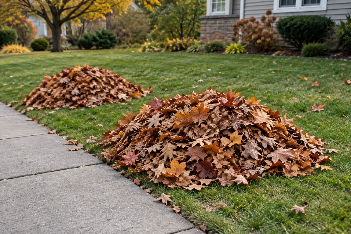 Gathered autumn leaves beside a cleared lawn and concrete path