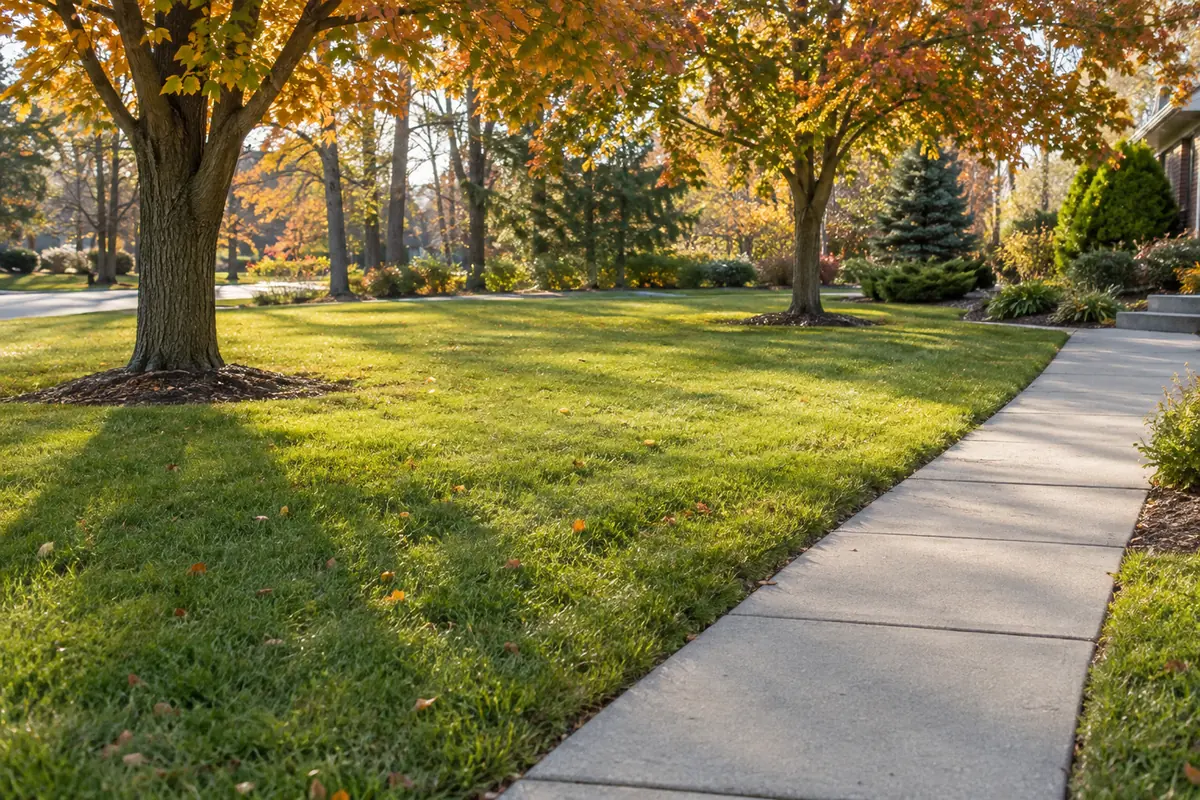 Cleared lawn and open walkway framed by autumn trees