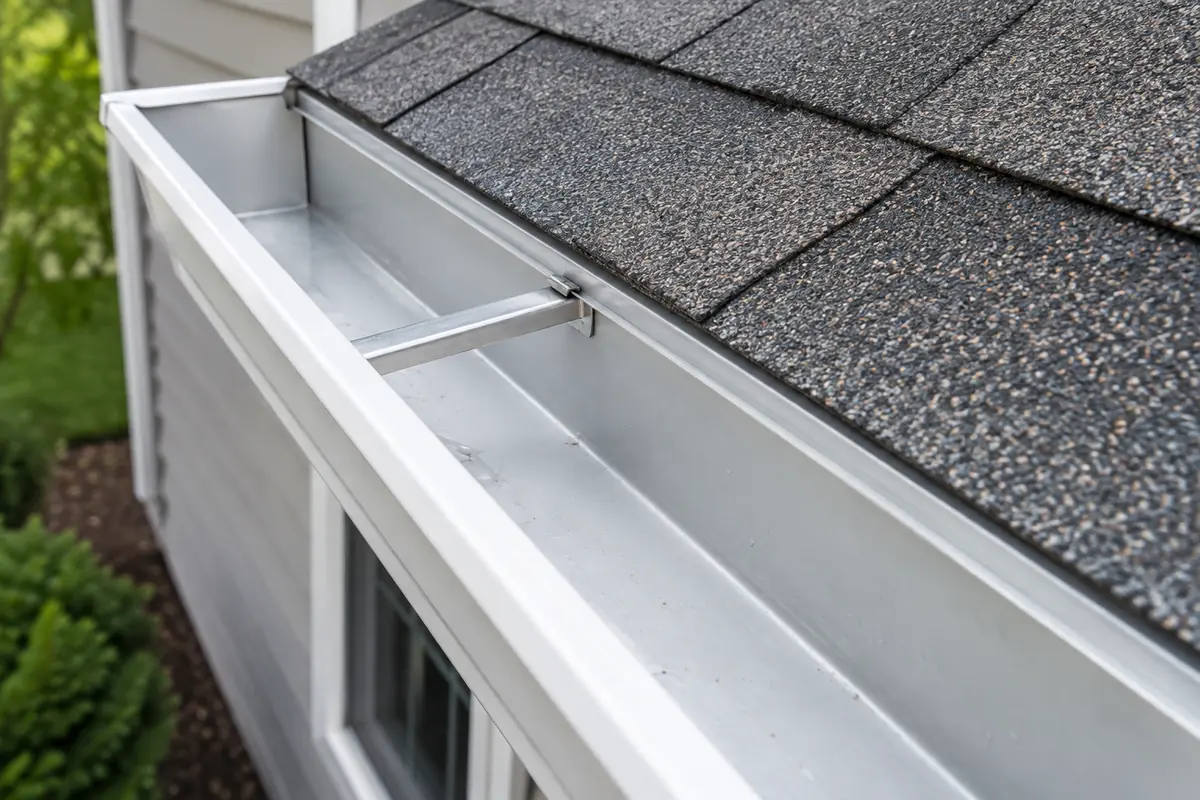 Open gutter channel with a correctly fitted hanger and no leaf buildup