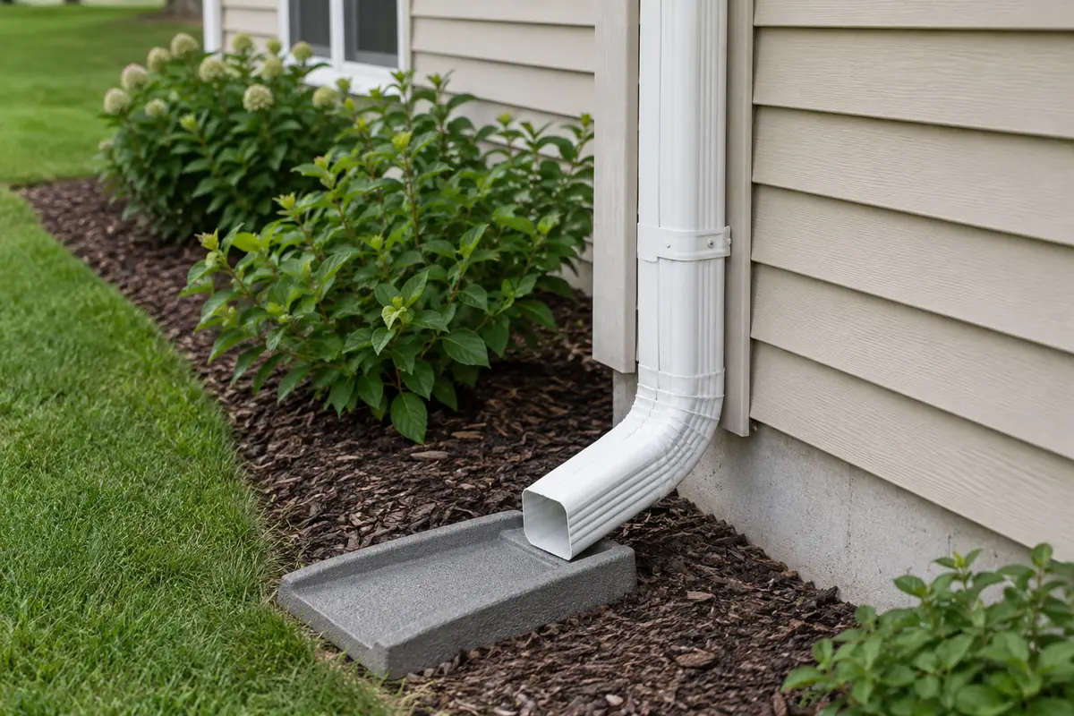 Connected downspout outlet beside a tidy residential foundation