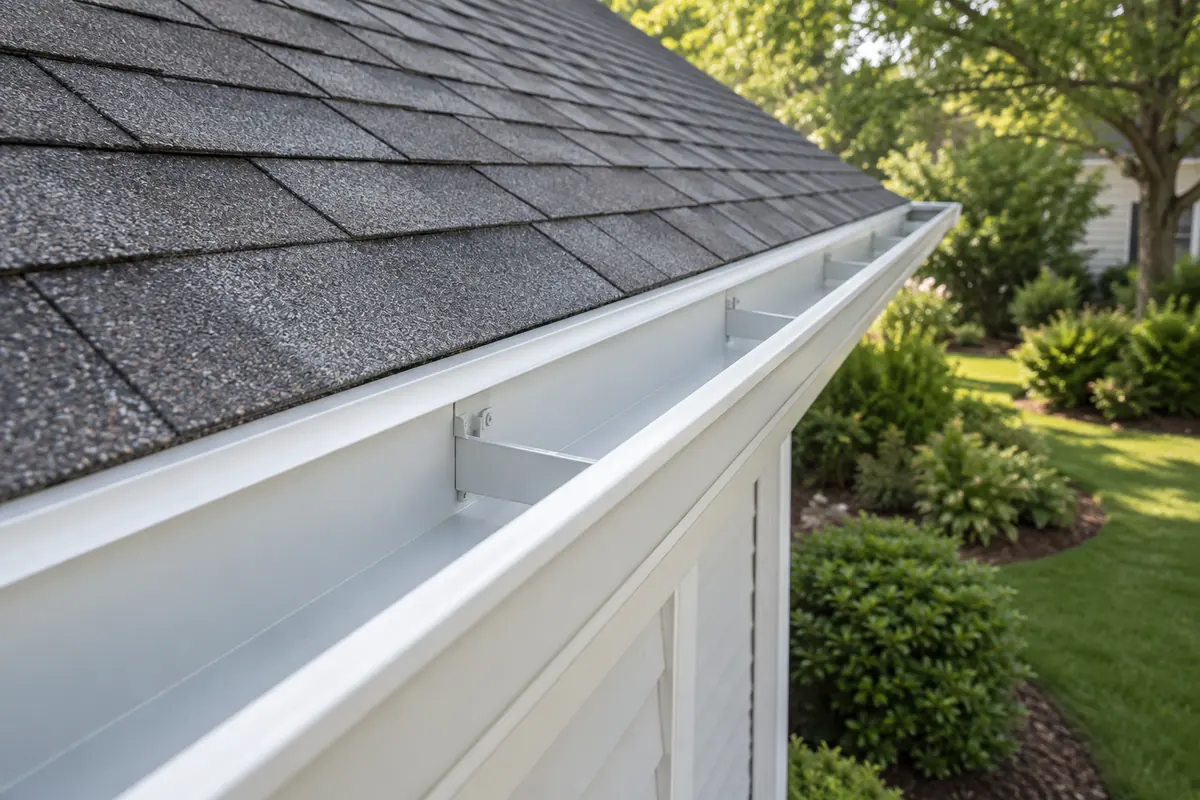 Clear gutter installed along a residential asphalt-shingle roof