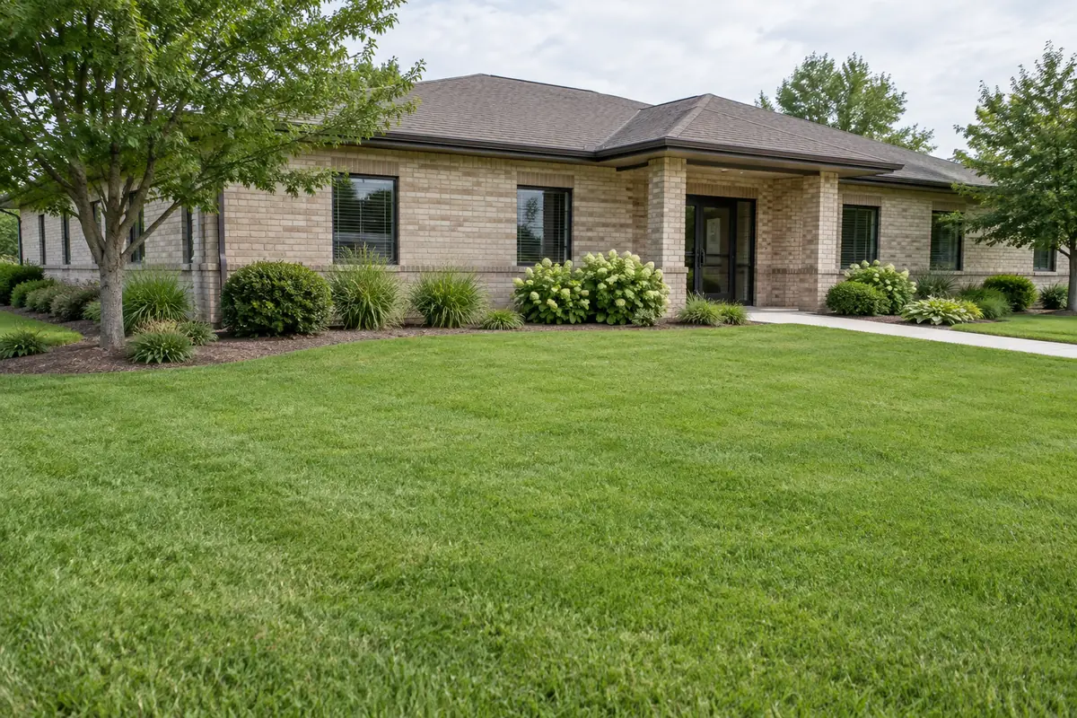 Maintained lawn beside a small office building and planted borders