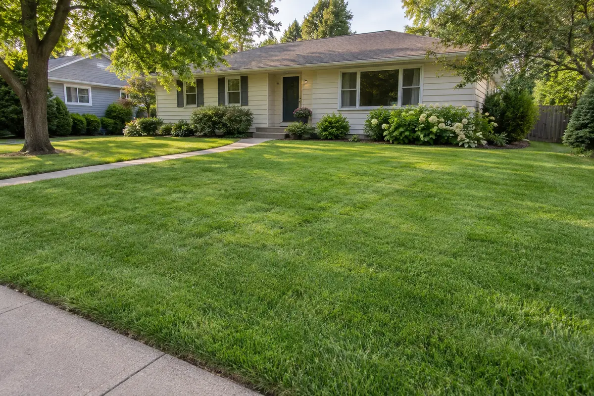 Freshly mowed residential lawn with natural green grass and garden borders