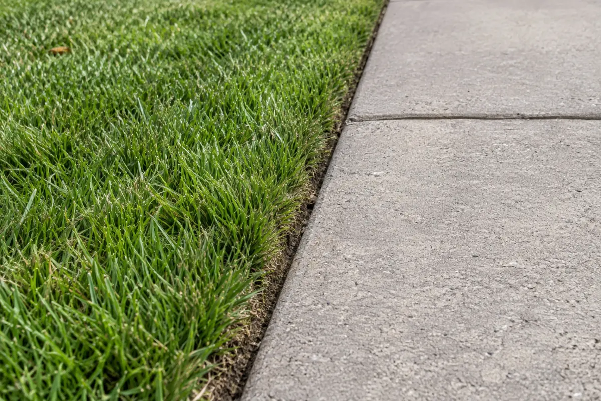 Close view of a narrow, clean grass-to-concrete edge