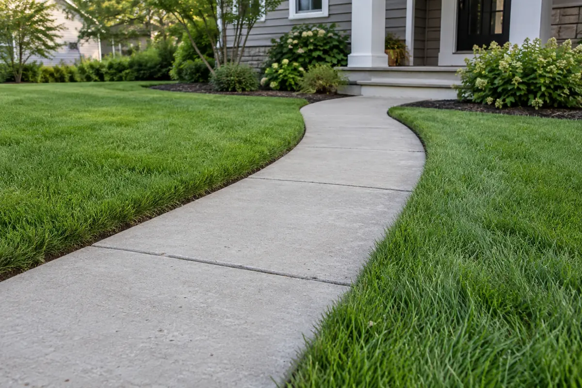 Neatly defined grass borders along a residential concrete sidewalk