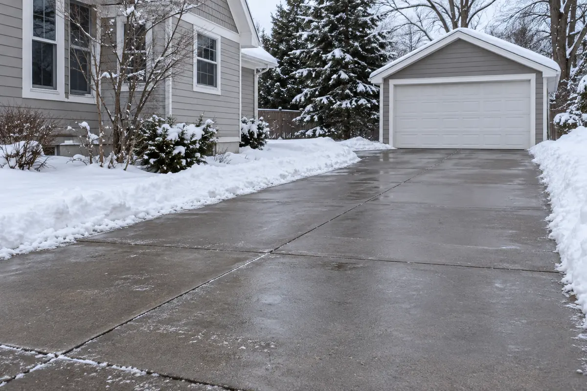 Cleared concrete driveway beside a home and garage after winter snowfall