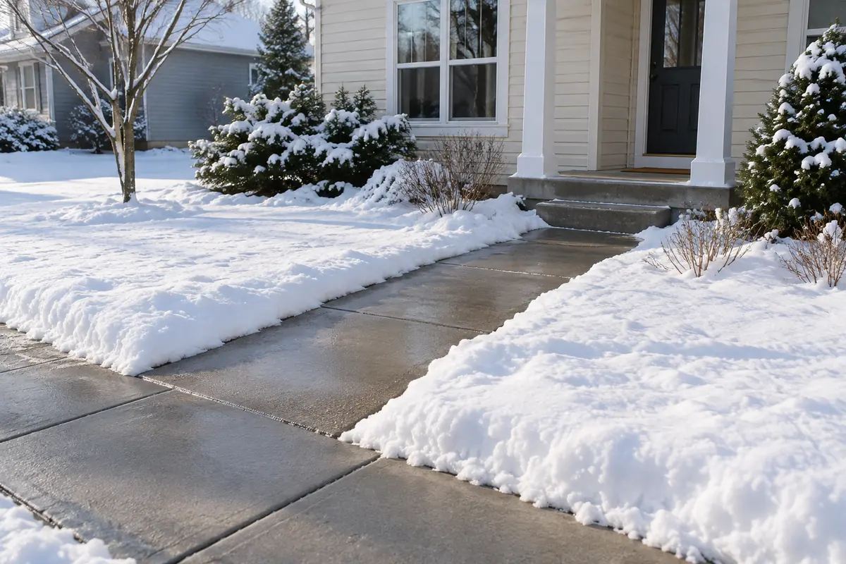 Open front walkway and porch steps bordered by fresh snow