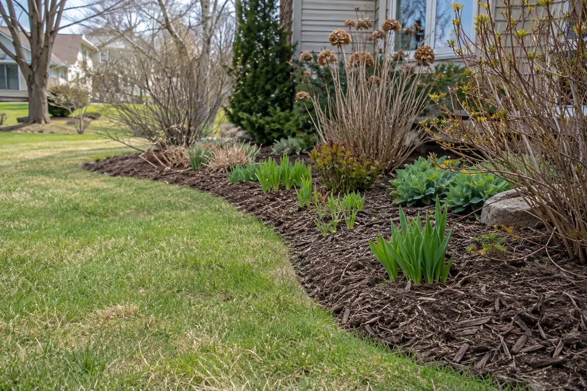 Tidy garden bed with small emerging plants and natural mulch