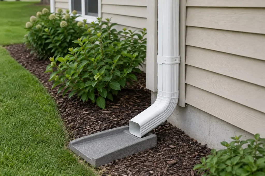 Downspout outlet beside a tidy foundation and lawn