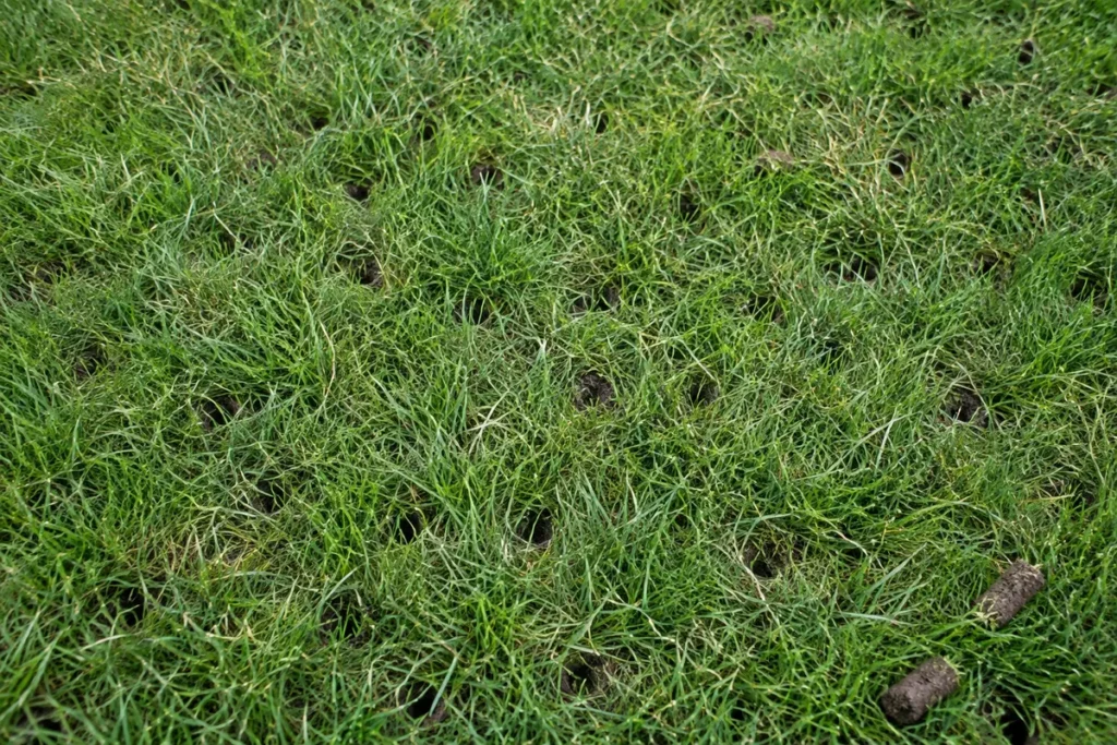 Grass surface with small openings and visible soil