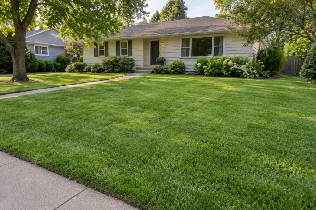 Neatly maintained residential lawn beside a concrete walkway