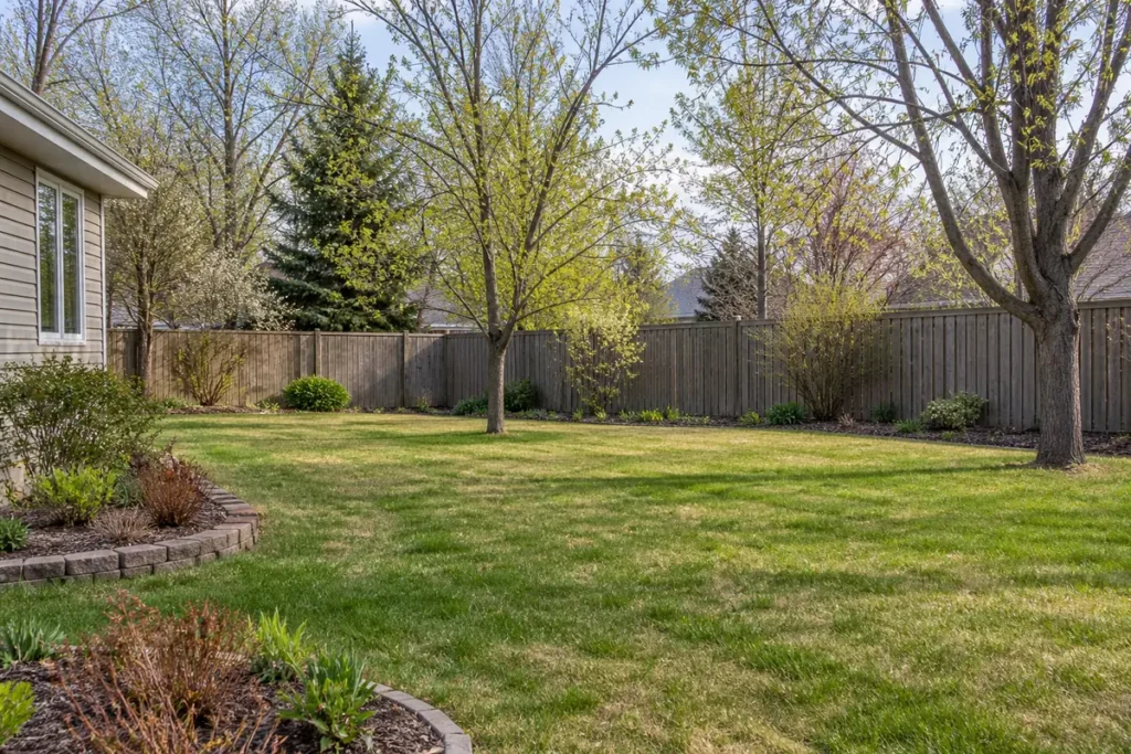 Tidy lawn and open yard in early-season light