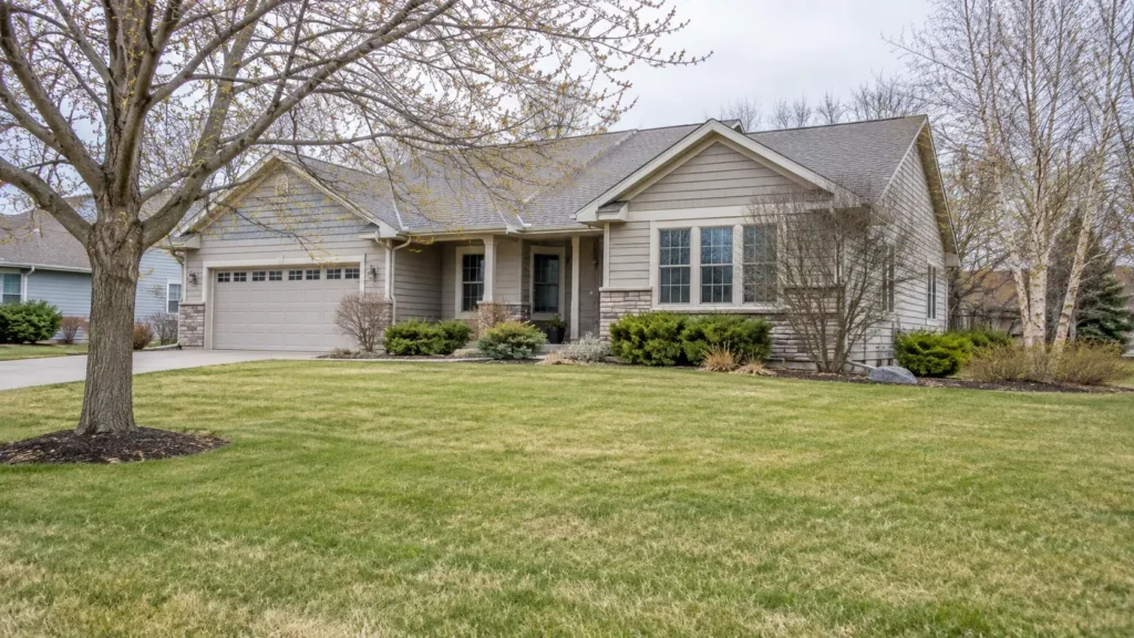 Clean residential lawn with seasonal planting beds