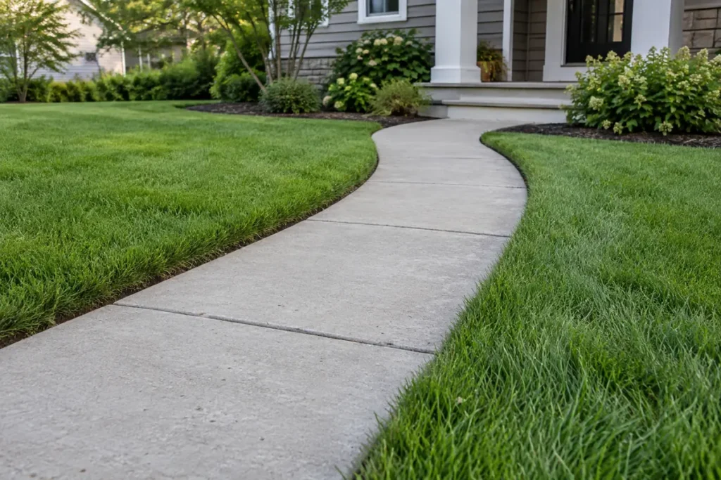 Tidy lawn bordering a sunny concrete walkway