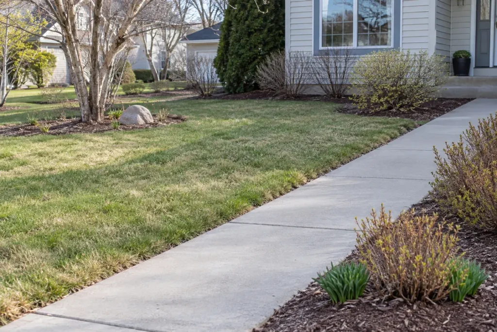 Residential lawn and path shaded by mature trees