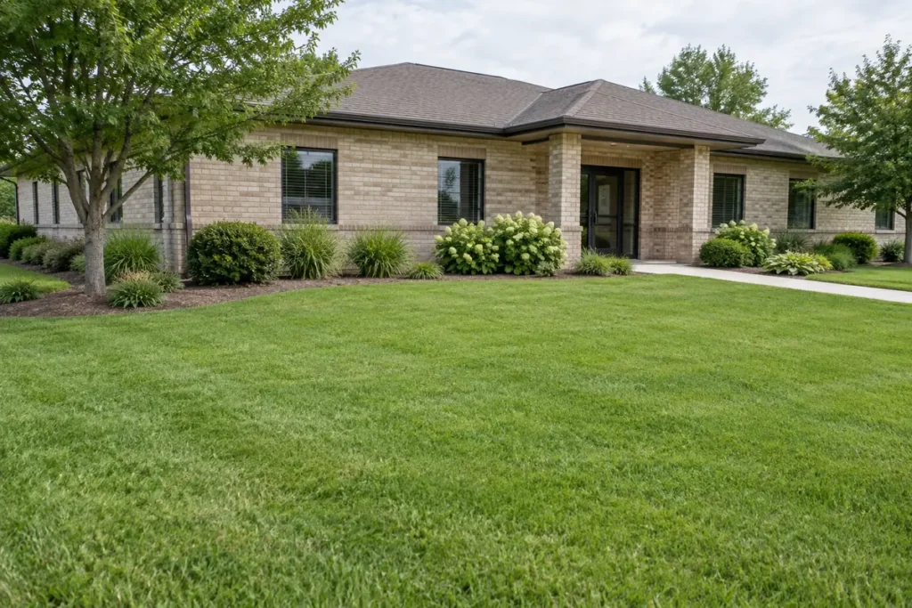 Large established green lawn in morning light