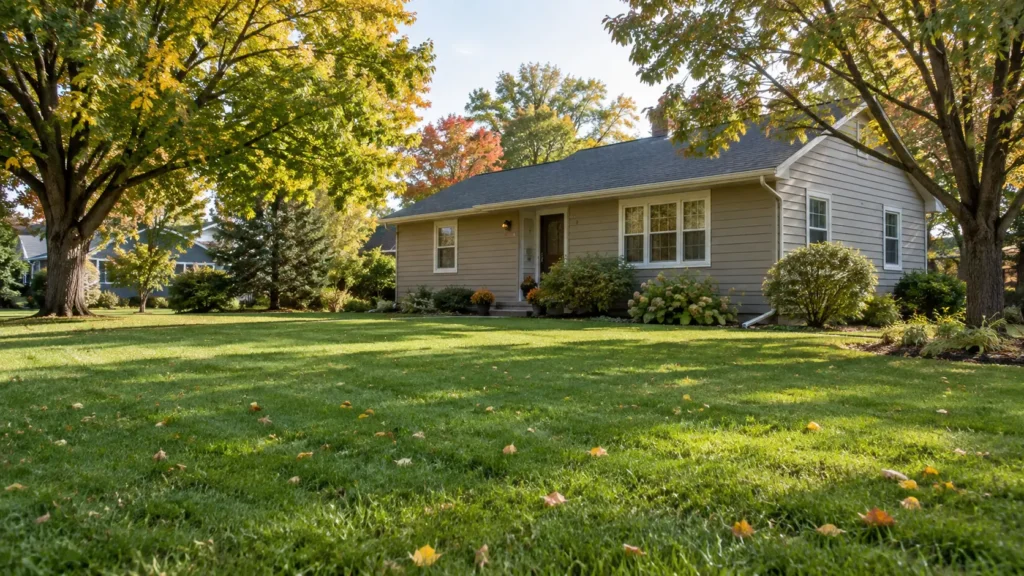 Healthy residential lawn in early autumn light