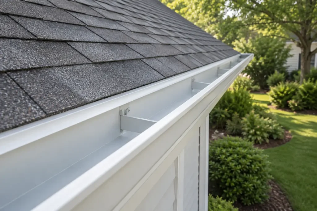 Clear gutter along the roofline of a residential home