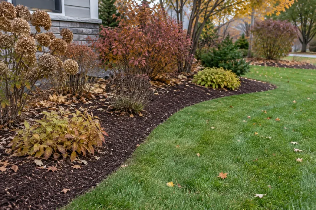 Autumn planting bed with retained stems and natural leaf cover